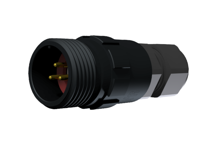 Conector prolongador aéreo macho multicontacto para soldar de tamaño 10 con 3 pines de 10A y prensa estopas tipo D para cable Ø 4.5mm-10mm en anodizado negro con IP68