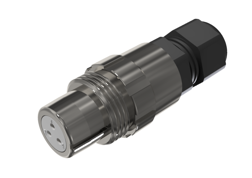 Conector prolongador hembra multicontacto para soldar de tamaño 10 con 3 pines de 10A y prensa estopas tipo D para cable de Ø 2mm-7mm en níquel con IP68