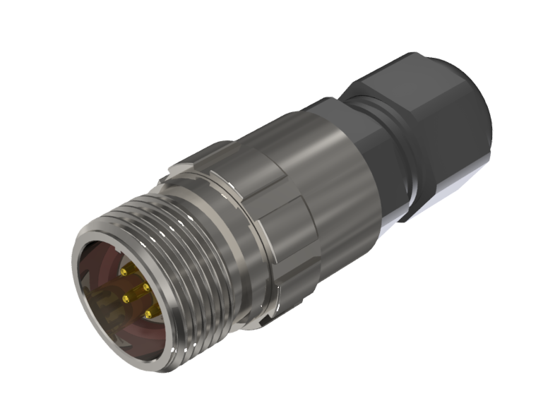 Conector prolongador aéreo multicontacto macho para soldar de tamaño 10 con 4 pines de 10A y prensa estopas tipo D para cable de Ø 4.5mm-10mm en níquel con IP68