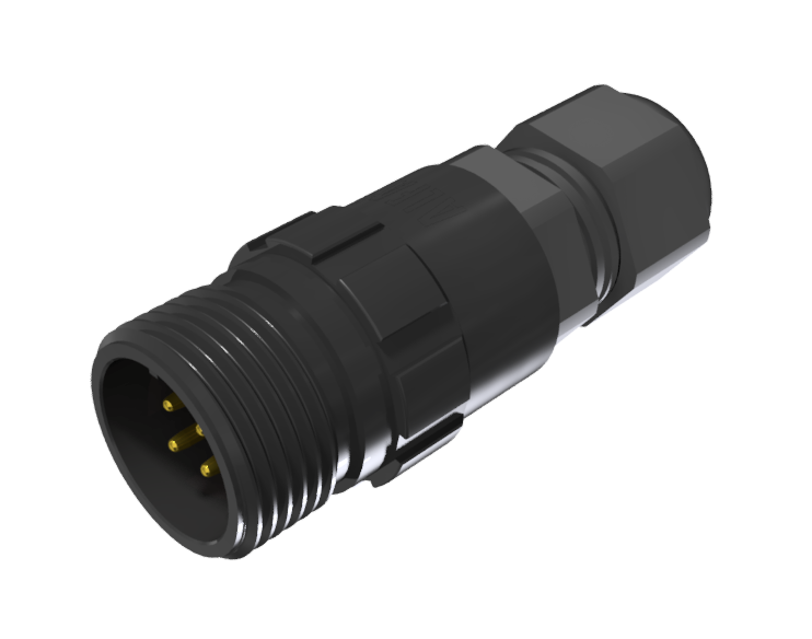 Conector prolongador aéreo multicontacto macho para soldar de tamaño 10 con 4 pines de 10A y prensa estopas tipo D para cable de Ø 4.5mm-10mm en anodizado negro con IP68