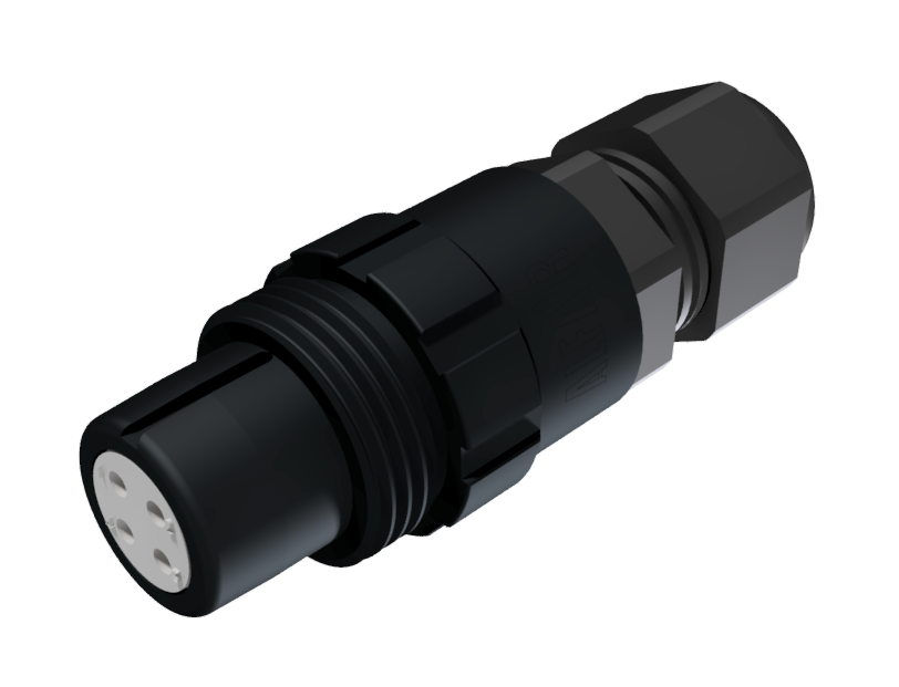 Aerial extender multicontact connector with female solder contacts of size 10, 4 pins, 10A and clamp type D for cable Ø 4.5mm-10mm in black anodised with IP68