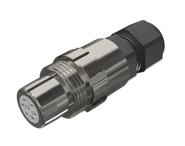 Multicontact extender connector with female solder contacts in size 10 with 7 pins of 7.5A and clamp type D for cable of Ø 4.5mm-10mm in nickel with IP68