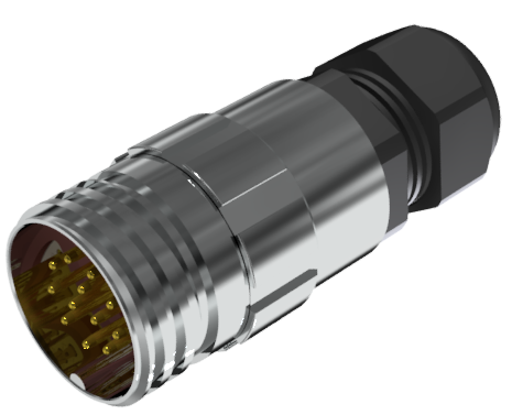 Conector multicontacto prolongador aéreo macho para soldar, tamaño-20, de 12 pines 10A, con prensa estopas tipo B para cable Ø 7mm-13mm, níquel, IP68