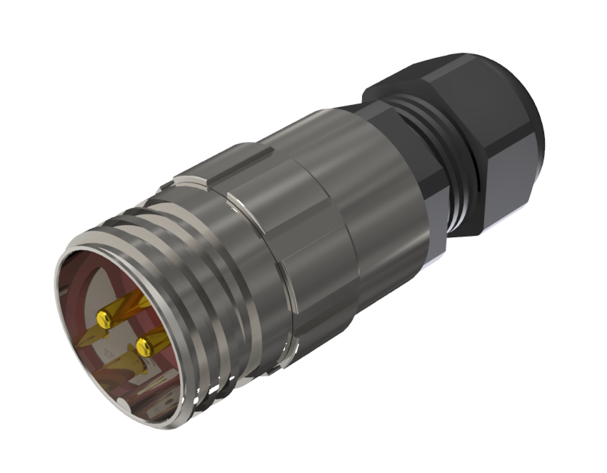 Conector prolongador aéreo multicontacto macho para soldar de tamaño 20 con 2 pines de 25A y prensa estopas tipo B para cable de Ø 7 mm-13 mm en níquel con IP68