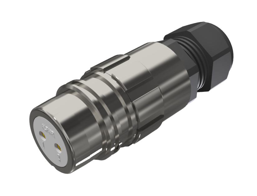 Conector prolongador aéreo multicontacto hembra para soldar de tamaño-20 con 2 pines de 25A y prensa estopas tipo B para cable de Ø 7 mm-13 mm en níquel con IP68
