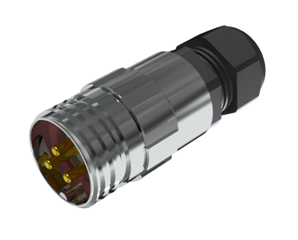 Conector multicontacto aéreo prolongador macho para crimpar de tamaño 20 con 3 pines de 25A y prensaestopas tipo B para cable Ø 7mm-13mm en níquel IP68