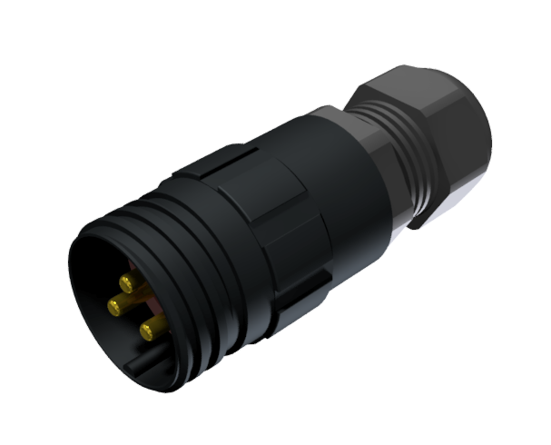 CONNECTOR MULTICONTACT AERIAL EXTENDER MALE CRIMP SIZE-20 3 PINS 25A CLAMP TYPE A CABLE Ø 5mm-10mm BLACK ANODISED IP68