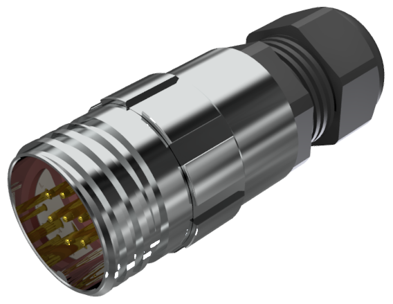 Conector multicontacto aéreo prolongador macho para soldar, tamaño-20 con 7 pines de 10A, prensa estopas tipo B para cable de Ø 7mm-13mm en níquel IP68