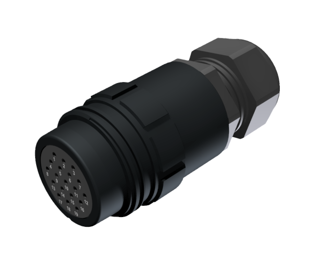 CONNECTOR MULTICONTACT AERIAL EXTENDER FEMALE SOLDER SIZE-30 19 PINS 10A CLAMP TYPE B CABLE Ø 7mm-15mm BLACK ANODISED IP68