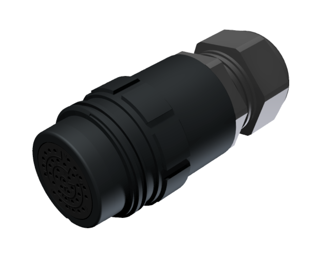 CONNECTOR MULTICONTACT AERIAL EXTENDER FEMALE SOLDER SIZE-30 37 PINS 7.5A CLAMP TYPE B CABLE Ø 7mm-15mm BLACK ANODISED IP68