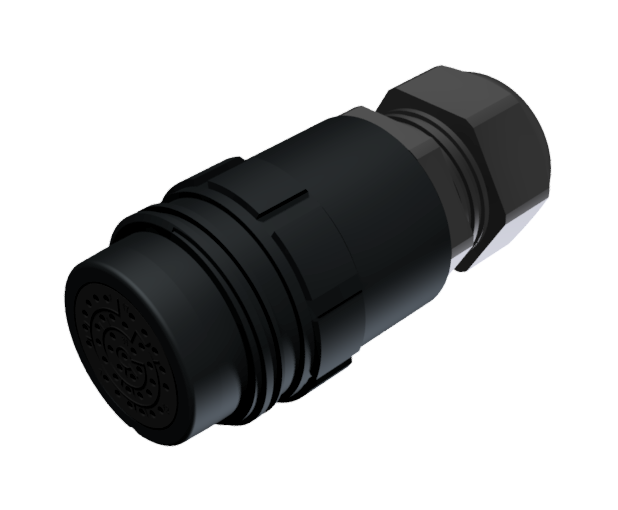 CONNECTOR MULTICONTACT AERIAL EXTENDER FEMALE SOLDER SIZE-30 37 PINS 7.5A CLAMP TYPE C CABLE Ø 11mm-21mm BLACK ANODISED IP68