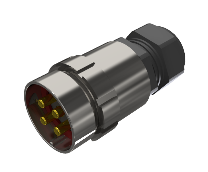 Conector prolongador aéreo multicontacto, macho para soldar, tamaño 30 con 4 pines, 50A y prensa estopas tipo B para cable Ø 7 mm-15 mm, níquel, IP68
