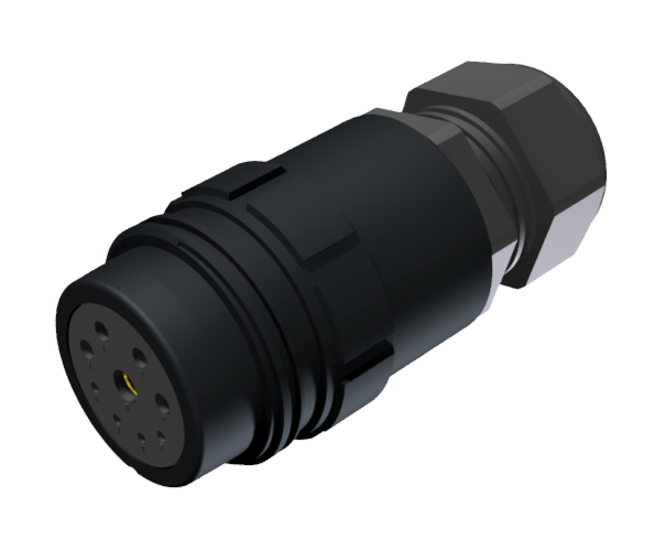 CONNECTOR MULTICONTACT AERIAL EXTENDER FEMALE SOLDER SIZE-30 9 PINS 10A / 25A / 50A CLAMP TYPE B CABLE Ø 7mm-15mm BLACK ANODISED IP68