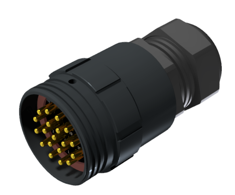 Conector multicontacto aéreo prolongador macho con aislador sin divisiones para soldar, tamaño-40, 19 pines 25A, prensa estopas multicable tipo J28 para cable de 4 x Ø9mm, anodizado negro IP68