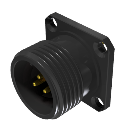 Multicontact receptacle connector with male solder contacts, size 10, 3 pins, 10A, in black anodised finish and IP68 protection