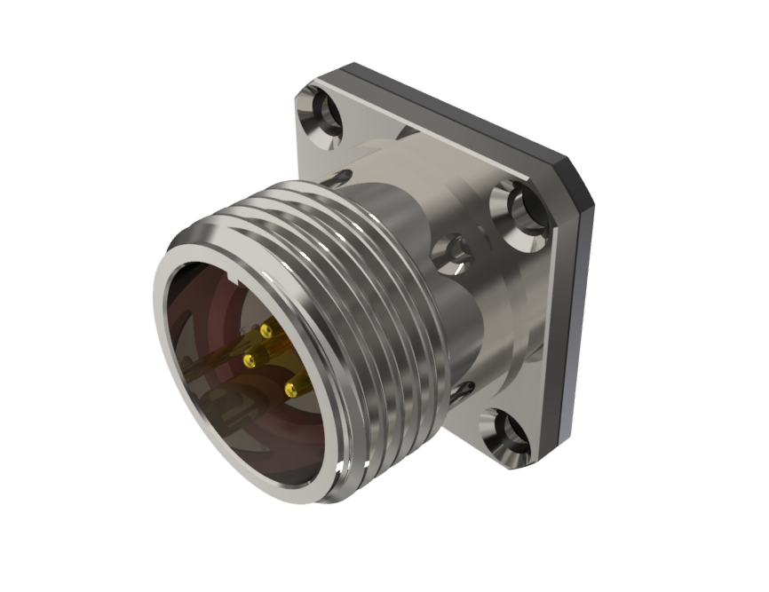 Conector base multicontacto macho para soldar de tamaño 10 con 3 pines de 10A, niquelado, IP68 y con junta cuadrada