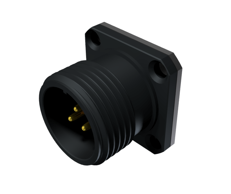 Multicontact receptacle connector with male solder contacts in size 10 with 3 pins of 10A in black anodised IP68 with square gasket