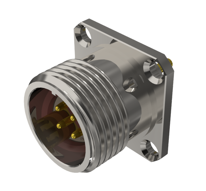 Multicontact receptacle connector with male solder contacts in size 10 with 4 pins and 10A in nickel with IP68