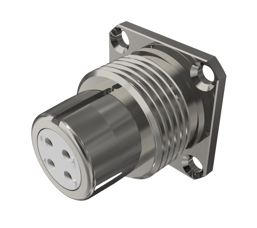 Multicontact receptacle connector with female solder contacts in size 10 with 4 pins and 10A in nickel with IP68