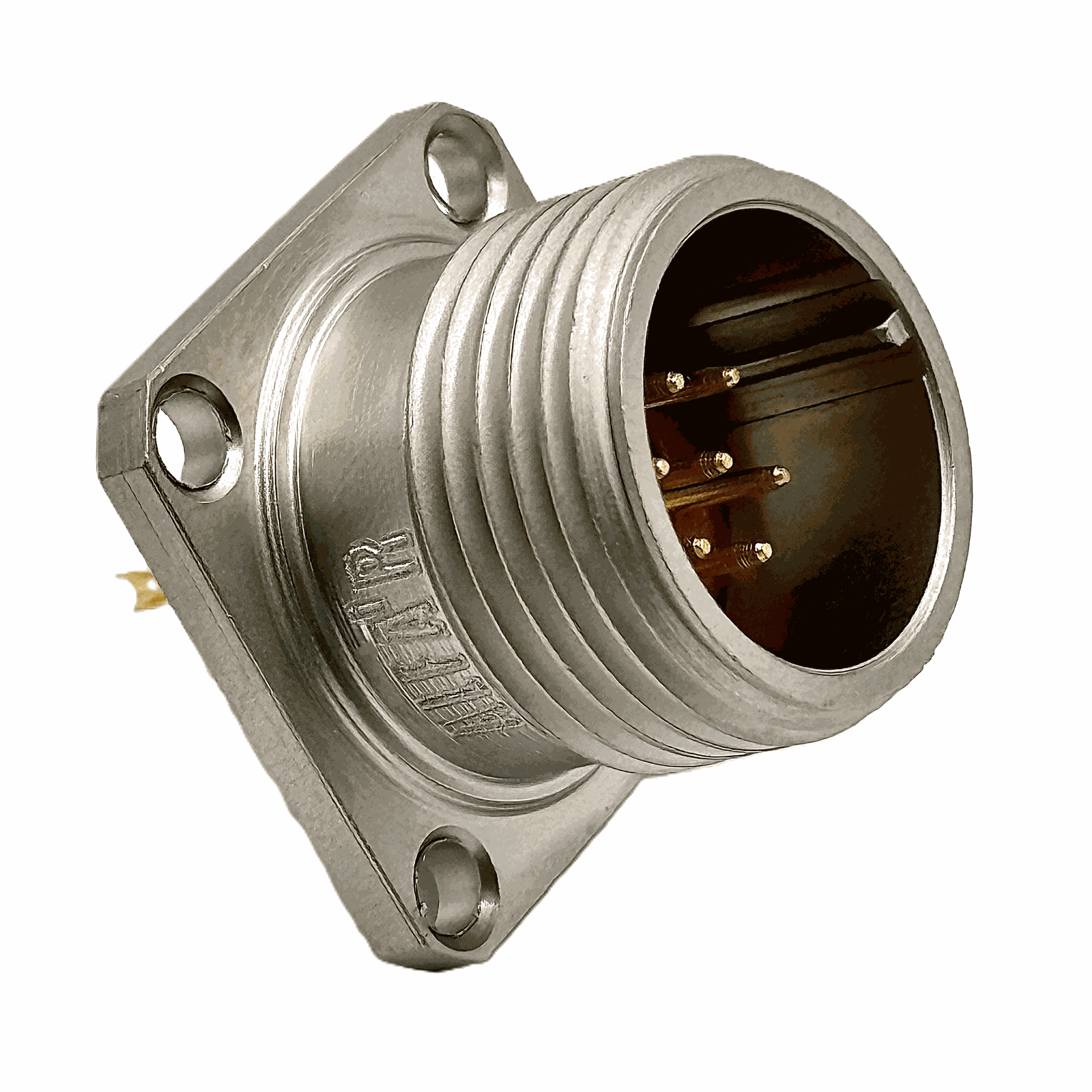 Multicontact receptacle connector with male contacts of size 10 and 7 pins for 7.5A with solder termination in nickel finish and IP68 protection
