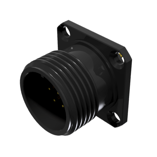 Conector base macho multicontacto de tamaño 10 con 7 pines, 7,5A, contactos para soldar y acabado anodizado negro con protección IP68