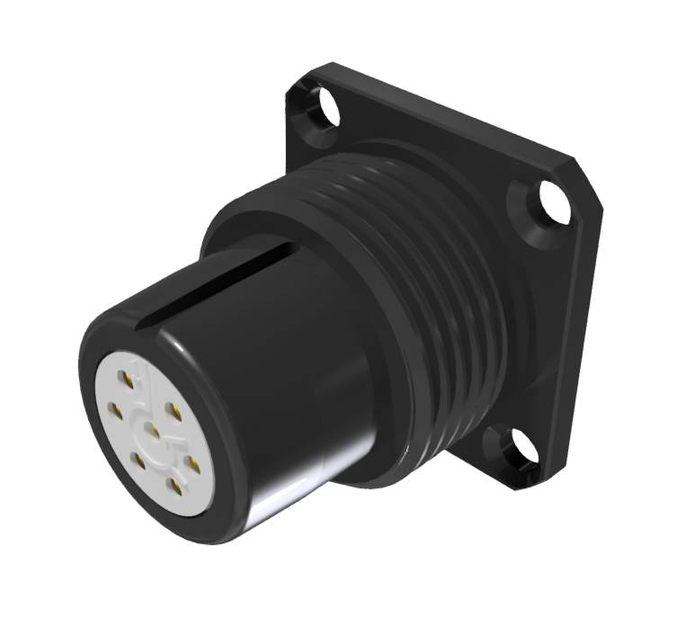 Multicontact receptacle connector with female solder contacts in size 10 with 7 pins and 7.5A, black anodised, IP68