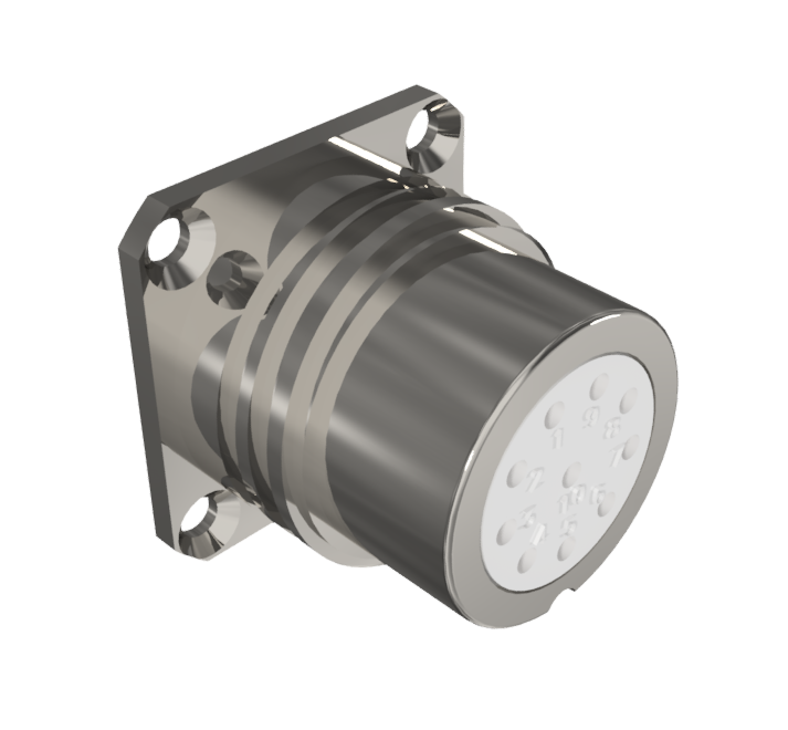 Conector base multicontacto hembra para soldar de tamaño 20 con 10 pines y 10A, niquelado con protección IP68
