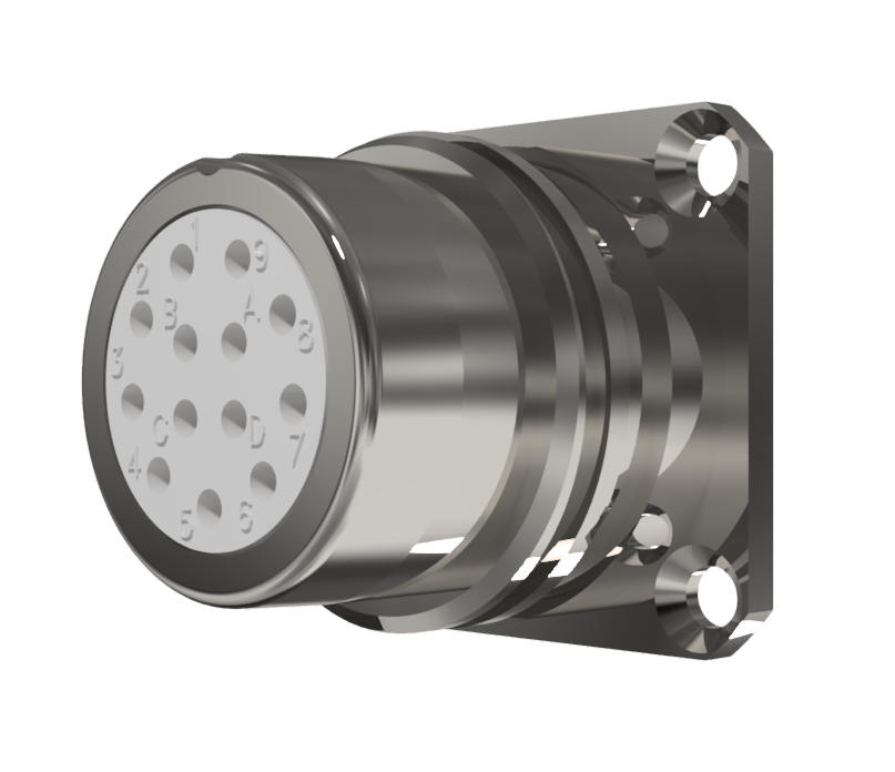 Multicontact receptacle connector with female solder contacts in size 20 with 13 pins 10A in nickel with IP68