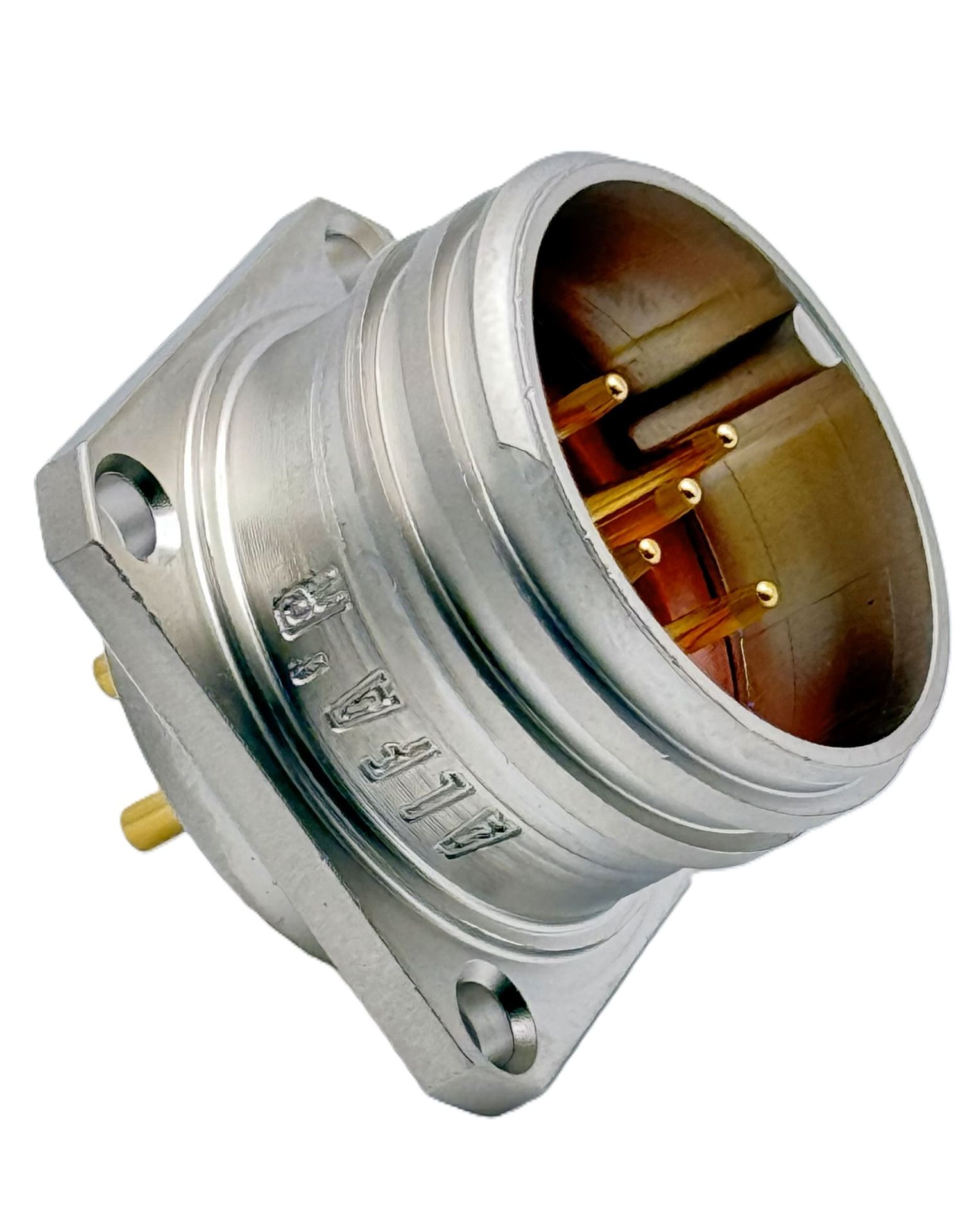 Multicontact male receptacle connector with solder contacts in size 20 with 5 pins 10A in nickel with IP68