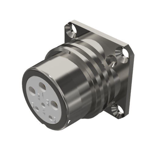 Multicontact receptacle connector with female solder contacts in size 20 with 6 pins of 10A / 25A in nickel and IP68