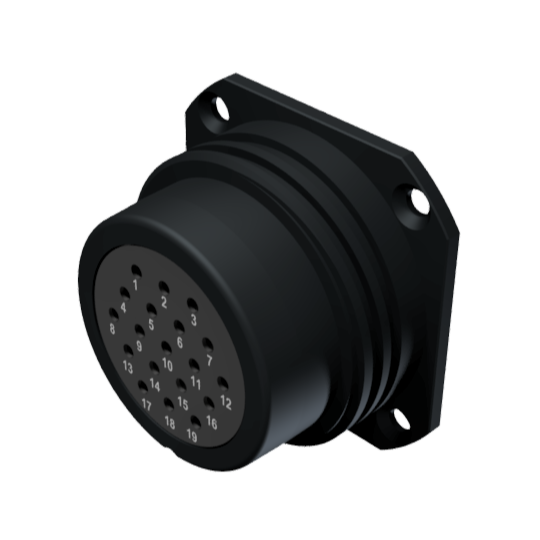 Conector multicontacto de base hembra para soldar de tamaño 30 con 19 pines 10A en anodizado negro IP68