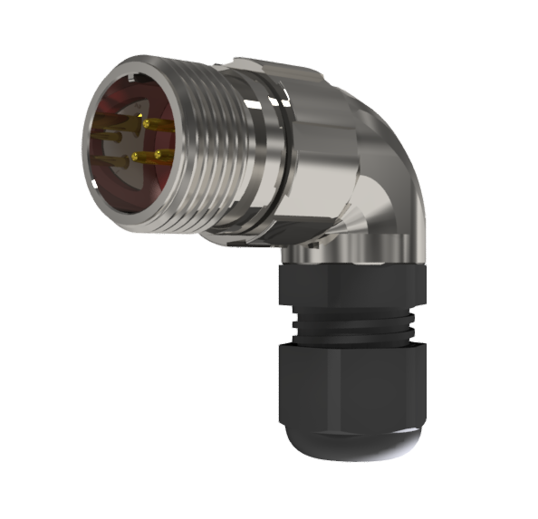 Conector prolongador aéreo multicontacto en codo macho para soldar de tamaño-10 con 3 pines 10A y prensa estopas tipo D para cable Ø 4.5mm-10mm en níquel con IP68