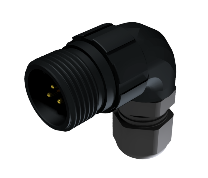 CONNECTOR MULTICONTACT AERIAL EXTENDER RIGHT ANGLE MALE SOLDER SIZE-10 3 PINS 10A CLAMP TYPE D CABLE Ø 4.5mm-10mm BLACK ANODISED IP68
