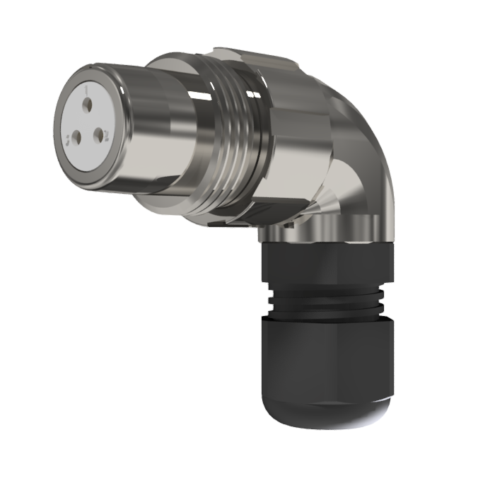 Multicontact aerial extender right angled female connector for solder size 10 with 3 pins of 10A and clamp type D for cable Ø 4.5mm-10mm in nickel with IP68