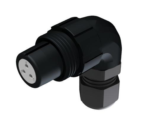 CONNECTOR MULTICONTACT AERIAL EXTENDER RIGHT ANGLE FEMALE SOLDER SIZE-10 3 PINS 10A CLAMP TYPE D CABLE Ø 4.5mm-10mm BLACK ANODISED IP68