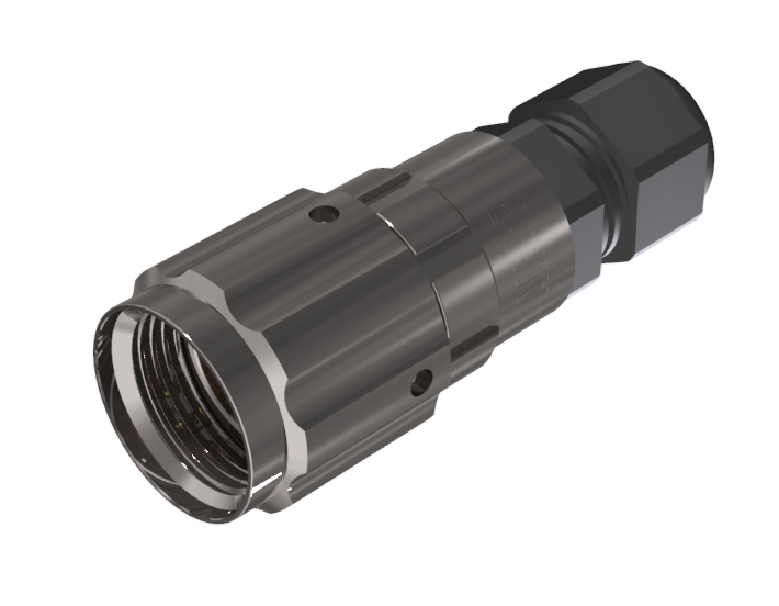 Conector aéreo multicontacto tipo ficha macho para soldar de tamaño 10 con 3 pines de 10A y prensa estopas tipo D para cable de Ø 2mm-7mm en níquel con IP68