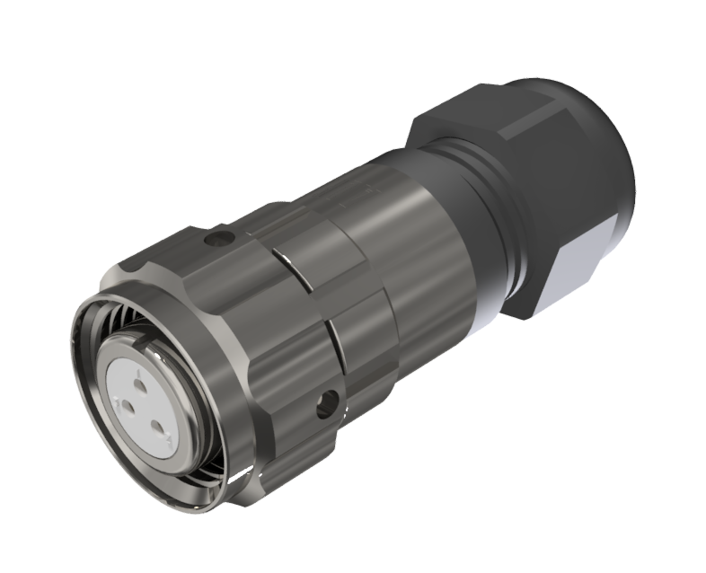Multicontact aerial plug connector with female solder contacts in size 10 with 3 pins of 10A, clamp type D for cable of Ø 4.5mm-10mm, nickel and IP68