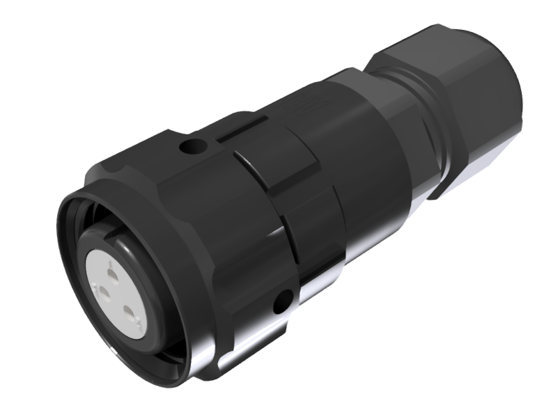 Conector aéreo de tipo ficha multicontacto con contactos hembra para soldar de tamaño 10 con 3 pines de 10A, prensa estopas tipo D para cable Ø 4.5mm-10mm, anodizado negro y IP68