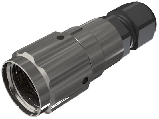 Conector multicontacto aéreo macho para soldar, tamaño 10, 3 pines 10A, giro B 30º, prensa estopas tipo A para cable Ø 2mm-7mm, níquel, IP68