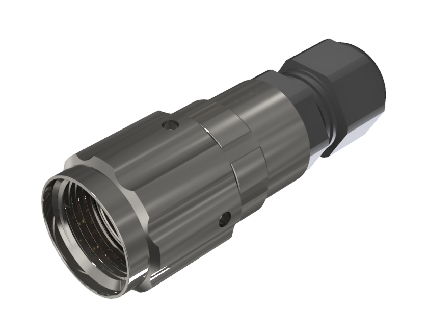 Conector multicontacto aéreo de tipo ficha macho para soldar de tamaño 10 con 4 pines de 10A y prensa estopas tipo D para cable de Ø 4.5mm-10mm en níquel con IP68