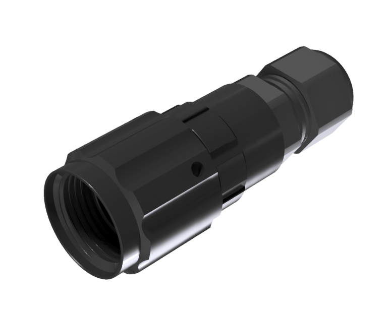 Conector multicontacto de tipo ficha aérea macho para soldar de tamaño 10 con 4 pines de 10A y prensa estopas tipo D para cable de Ø 4.5mm-10mm en anodizado negro con IP68