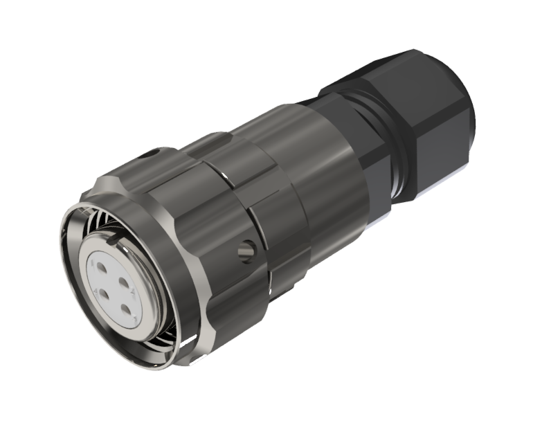 Conector aéreo multicontacto de tipo ficha con contactos hembra para soldar de tamaño 10 con 4 pines de 10A, prensa estopas tipo D para cable de Ø 4.5mm-10mm, níquel e IP68