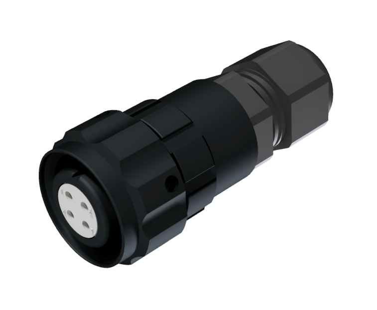 Conector de ficha aérea multicontacto hembra para soldar de tamaño 10 con 4 pines de 10A y prensa estopas tipo D para cable de Ø 4.5mm-10mm en anodizado negro con IP68