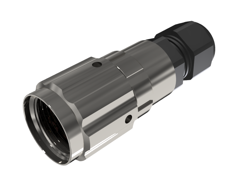 Conector aéreo de tipo ficha macho multiconductor para soldar de tamaño 10 con 7 pines de 7,5A y prensa estopas tipo D para cable de Ø 4,5mm-10mm en níquel con IP68
