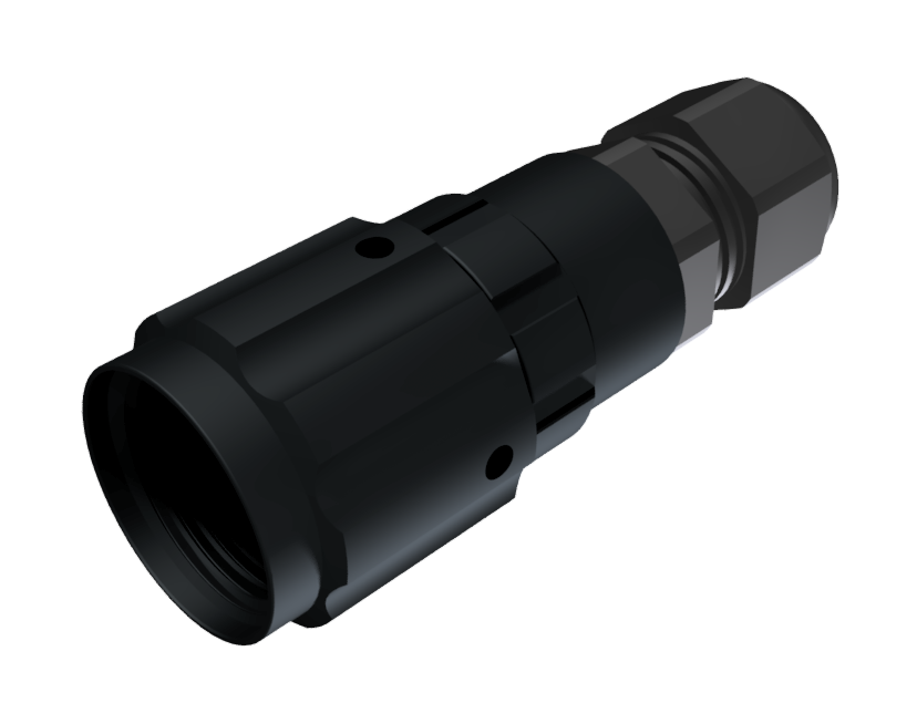 Multicontact aerial straight plug connector with male solder of size 10 and 7 pins for 7.5A with clamp type D for cable Ø 4.5mm-10mm in black anodised with IP68