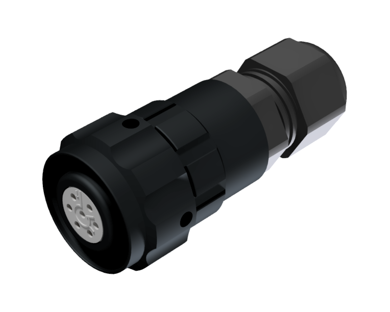 Multicontact aerial straight plug connector with female solder contacts in size 10 with 7 pins of 7.5A, clamp type D for cable Ø 4.5mm-10mm in black anodised with IP68