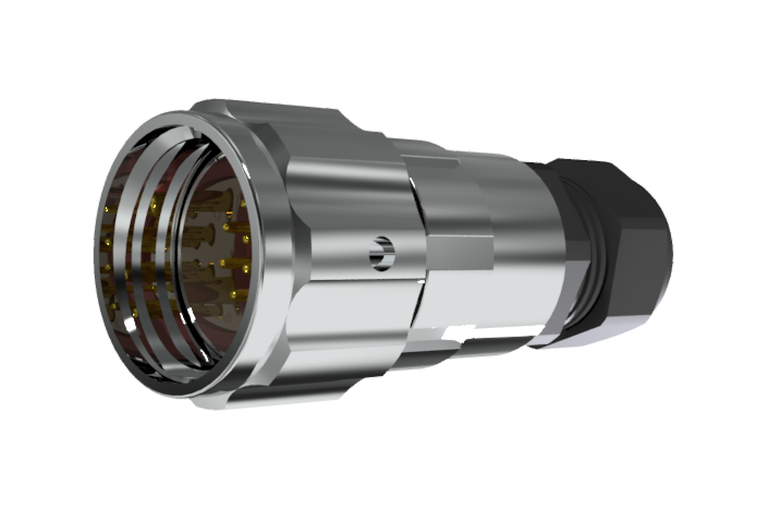 Multicontact aerial straight plug connector with male solder size-20 and 13 pins 10A with clamp type B for cable Ø 7mm-13mm in nickel with IP68