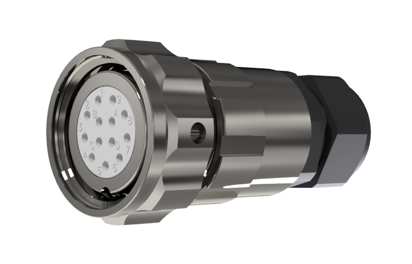 Conector multicontacto de tipo ficha aérea hembra para soldar de tamaño 20 con 13 pines de 10A y prensa estopas tipo B para cable de Ø 7mm-13mm en níquel con IP68