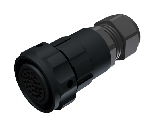 Conector multicontacto aéreo hembra para soldar, tamaño-20, de 22 pines 7.5A con prensa estopas tipo B para cable Ø 7mm-13mm en anodizado negro IP68