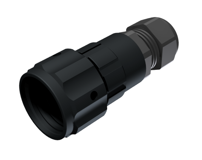 Conector multicontacto aéreo macho para soldar de tamaño 20 con 2 pines 25A, prensa estopas tipo B para cable de Ø 7mm-13mm, anodizado negro IP68